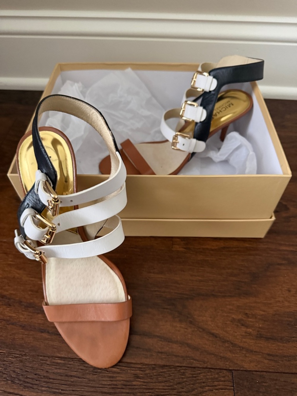 Michael Kors Black, White & Tan Multi-Strap Heel Sandal with Gold Accents